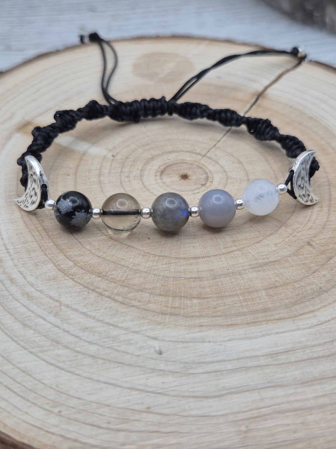 Through the Phases black macramé crystal bracelet